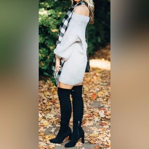 EXPRESS Womens Off The Shoulder Balloon Sleeve Sweater Dress, NWT Size S Gray